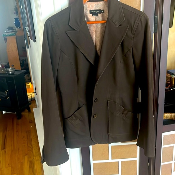 Blazer suede trim and brown cotton blend size 4 brand Womyn Lined made in NYC - Picture 1 of 5
